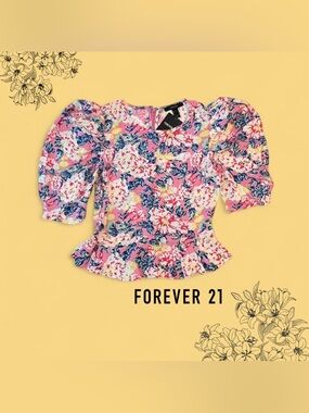Forever 21 Pink Floral Puff-Sleeve Peplum Blouse